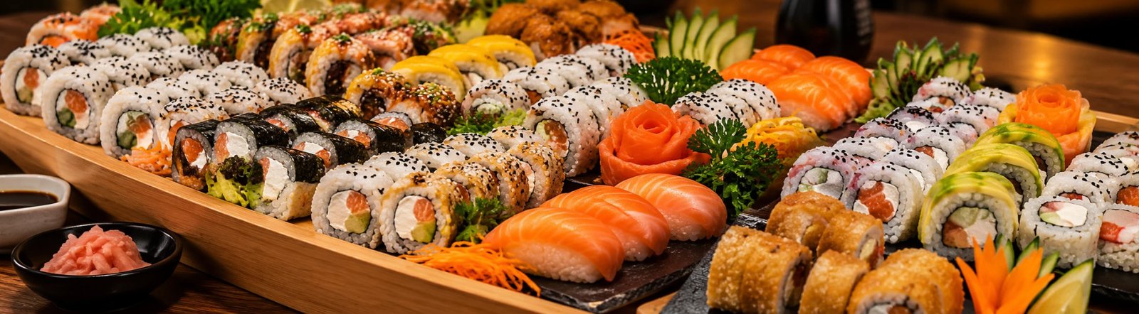 Rolls de sushi con salmón y sésamo servidos en Toka Sushi
